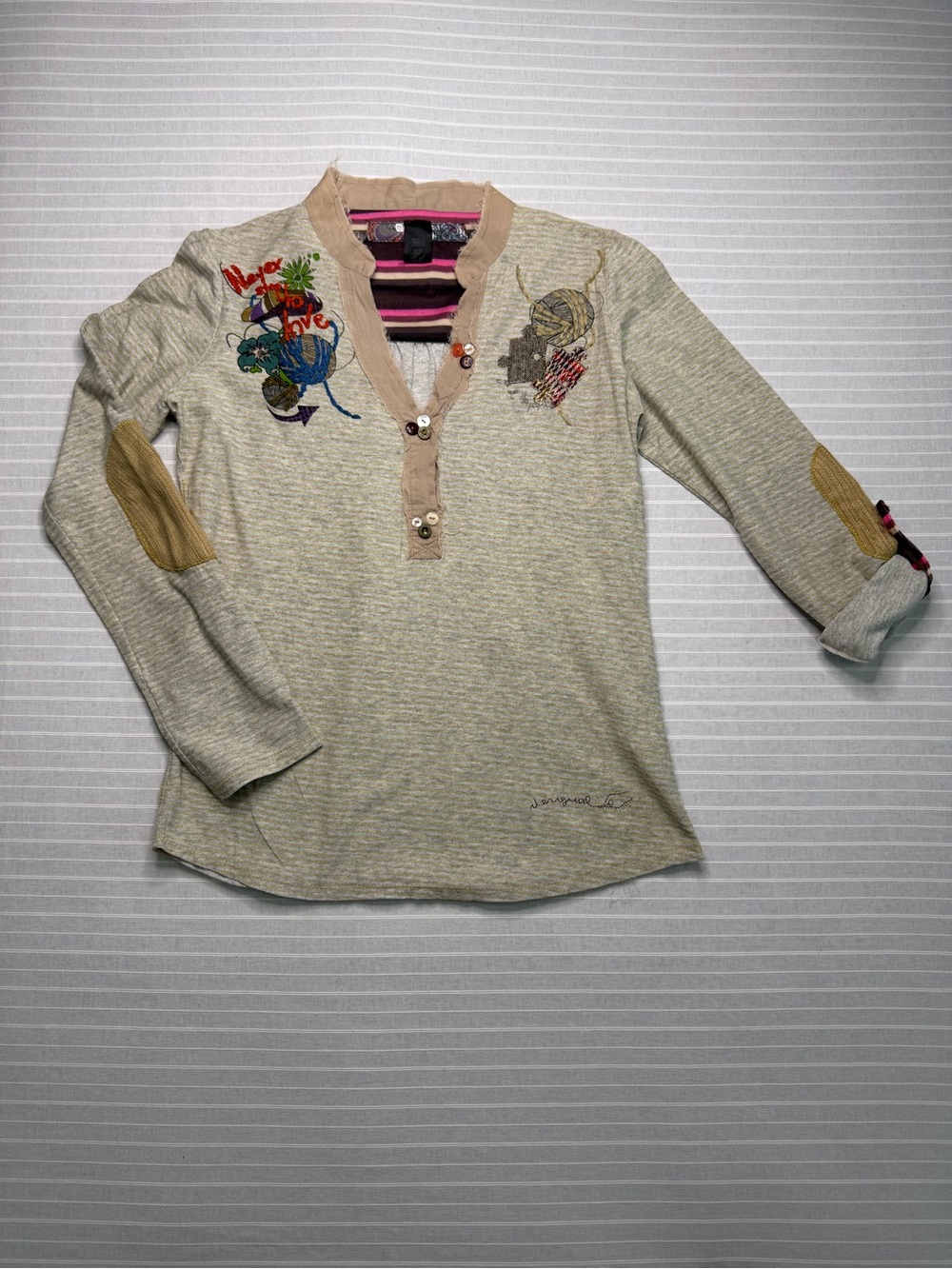 Desigual Embroidered Mixed Media Henley Top ✨🍂